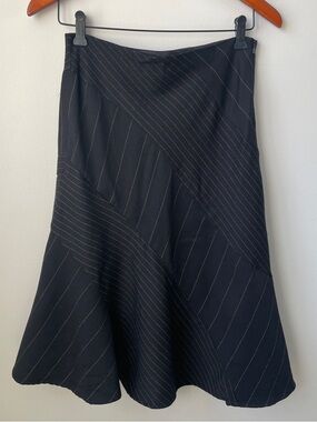 Mango Wool Black Pinstripe A-Line Flared Midi Skirt